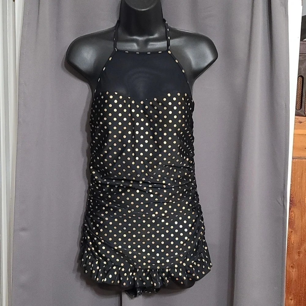 Womens Swimsuit‎ One Piece Black W/Gold Polka-dots Ruched Ruffle Size M EUC.